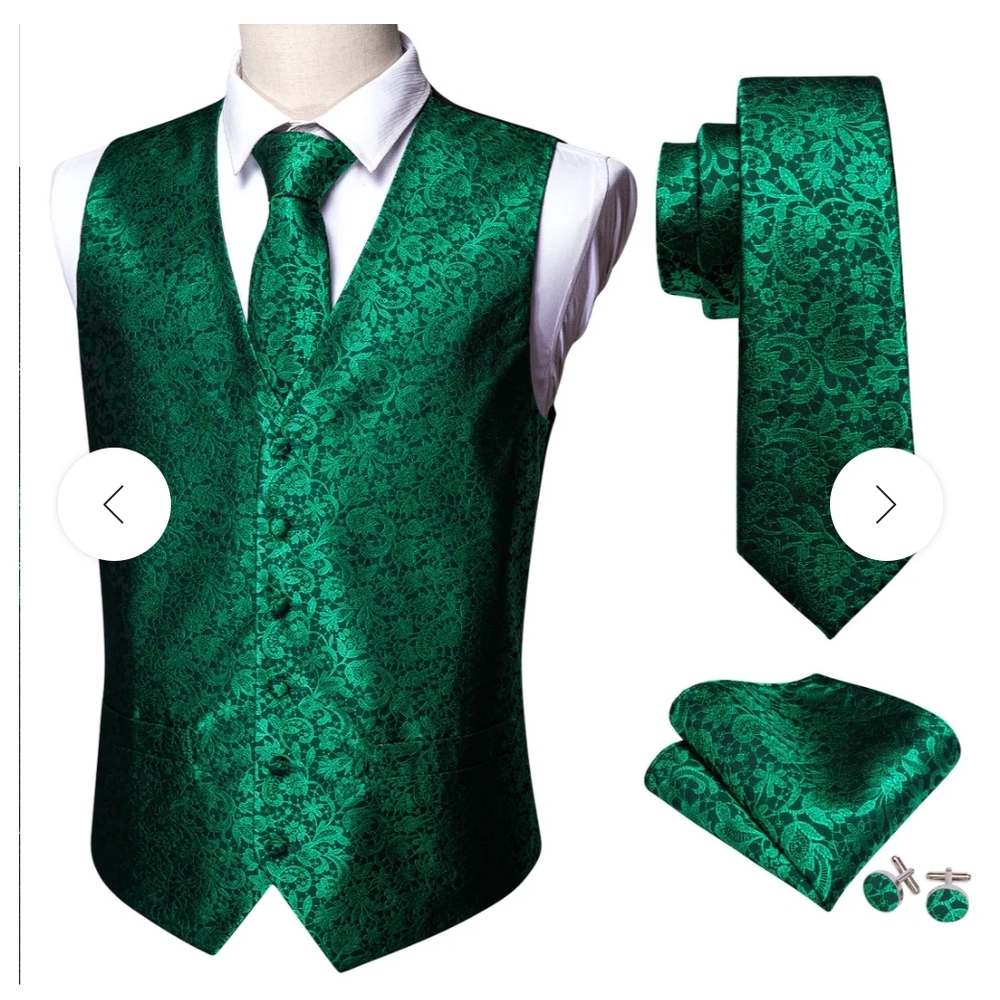 BNWT Emerald Green Formal Vest, Tie & Pocket Square And Cufflinks Set